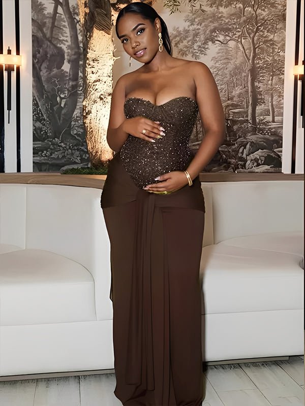 Momyknows Sequin Bandeau Ruched Knot Draped Bodycon Maternity Maxi Dress