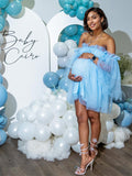 Momyknows Blue Off Shoulder Tulle Tutu Bandeau Grenadine Cute Baby Shower Maternity Mini Dress