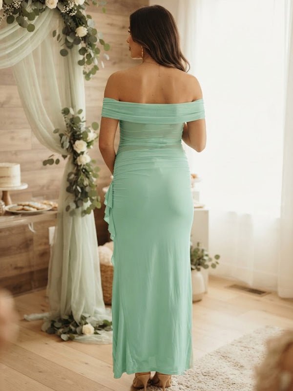 Momyknows Green Off Shoulder Ruffle Side Slit Grenadine Backless Maternity Baby Shower Maxi Dress - Green - 4