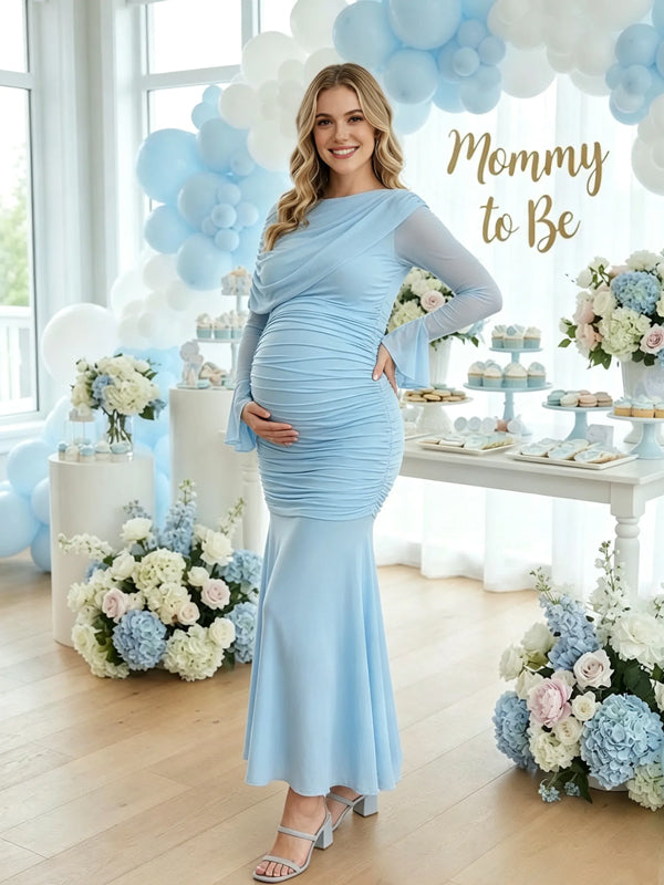 Blue Tulle Maternity Maxi Dress with Ruffle Splicing and Flattering Silhouette