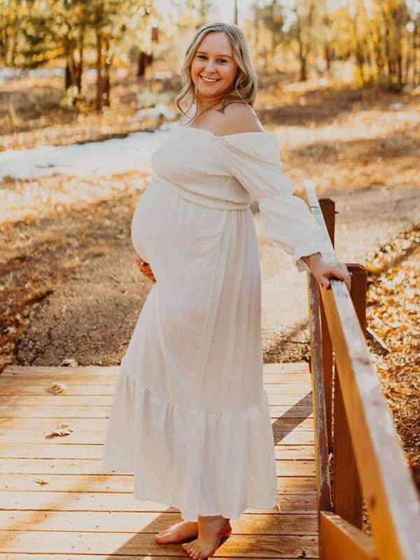 Momyknows White Off Shoulder Ruffle Ruched Puff Sleeve Photoshoot Plus Size Maternity Maxi Dress, White / XL