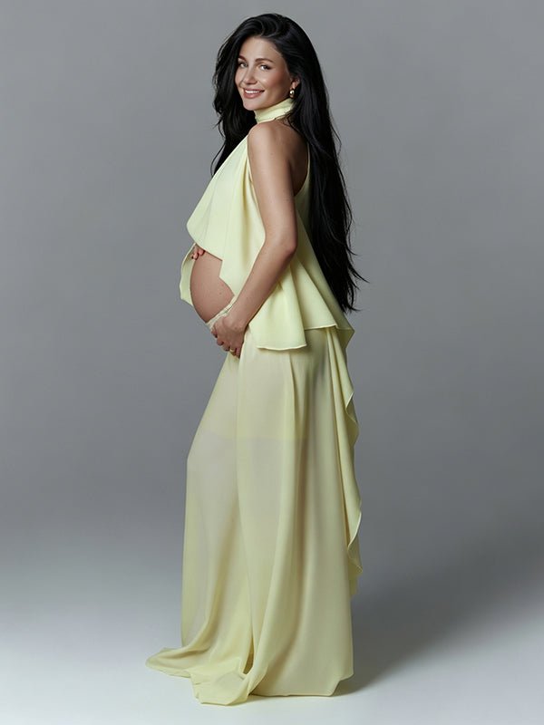 Momyknows Chic Yellow Daily 2 Piece Set Irregular Flowy Halter Neck Vacation Photoshoot Maternity Tank Top Pant - Yellow - 2