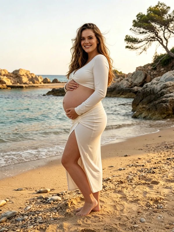 Momyknows Long Sleeve Off Shoulder Side Slit Ruffle Solid Color 2-in-1 Photoshoot Maternity Clothes - White - 2