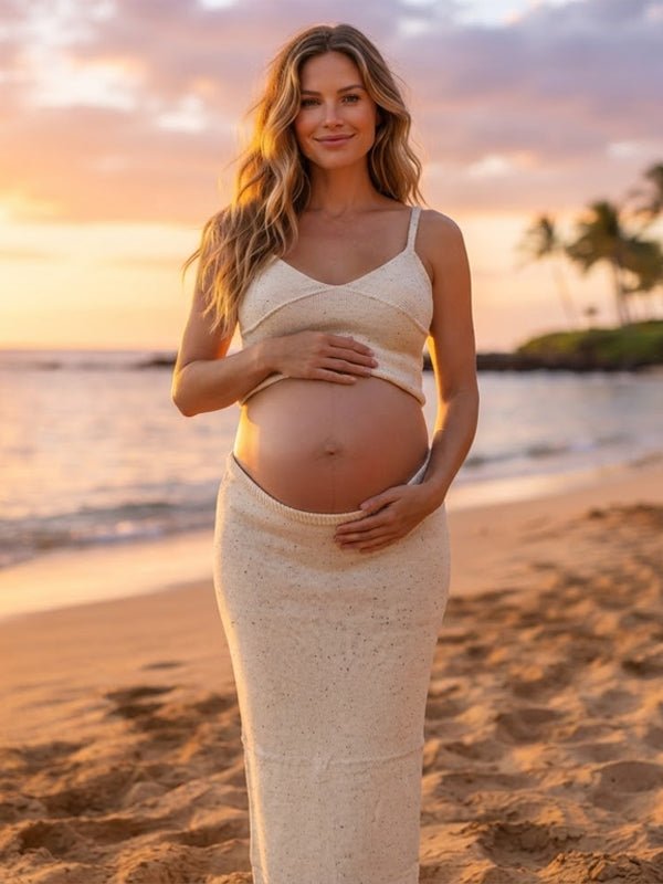 Momyknows Sequin Spaghetti Strap Ruched Two Piece Maternity Photoshoot Maxi Dress - Apricot - 2