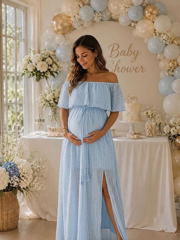 Momyknows Blue Off Shoulder Lace-Up Side Slit Polka dot Flowy Baby Shower Maternity Maxi Dress - Blue - 1