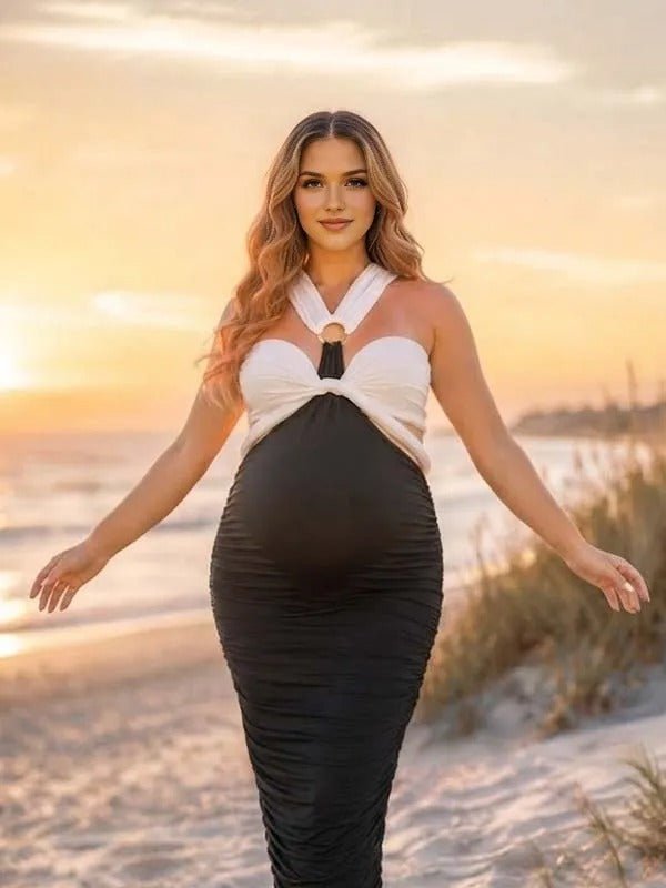 Momyknows Black Lace-up Bandeau Ruffle Midriff Irregular Maternity Photoshoot Maxi Dress - Black - 2