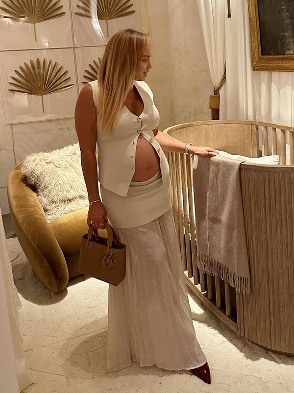 Momyknows Apricot Button Crochet Two Piece Maternity Photoshoot Maxi Dress