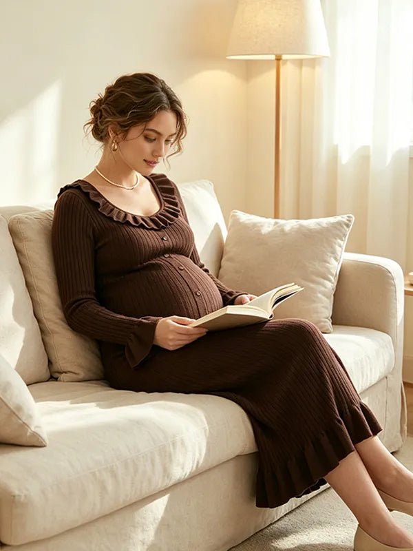 Momyknows Bodycon Flare Sleeve High Waisted Crochet Mermaid Maternity Photoshoot Maxi Dress - Coffee - 2