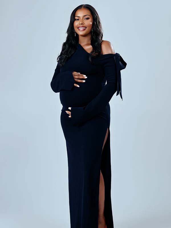 Momyknows Dark Blue One Shoulder Bow Knot Side Slit Maternity Maxi Dress