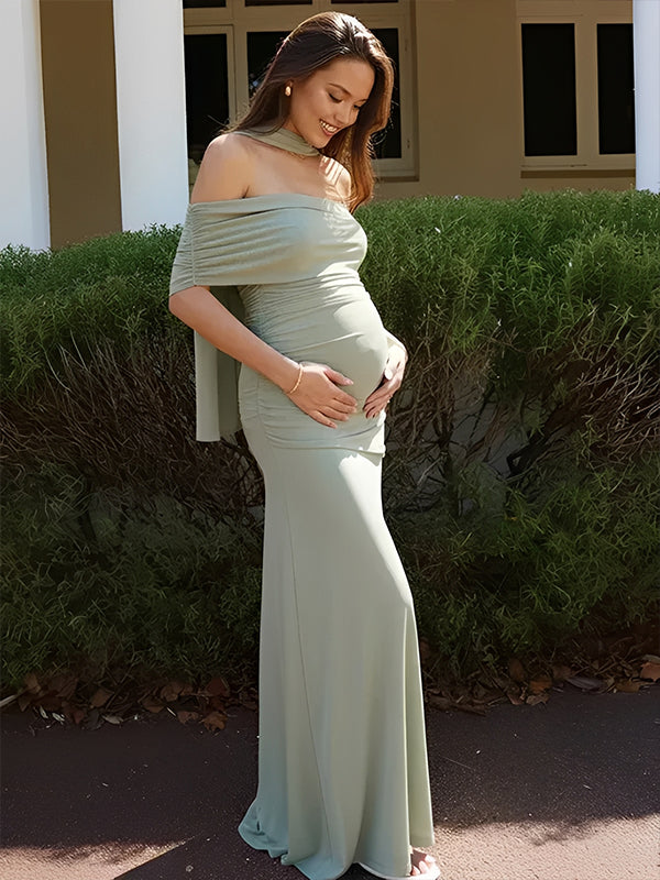 Momyknows One Shoulder Mesh Ruched Draped Scarf Maternity Maxi Dress
