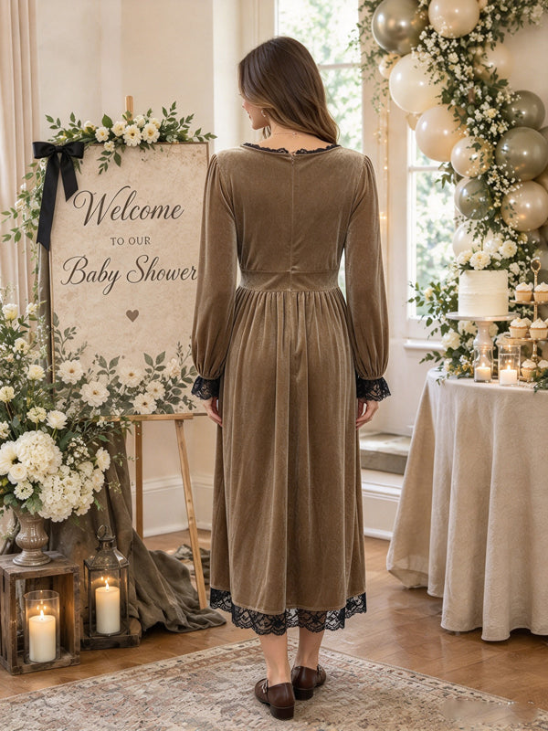 Khaki Velvet Maternity Midi Dress with Lace Splicing and Button Details and Elegant Fit