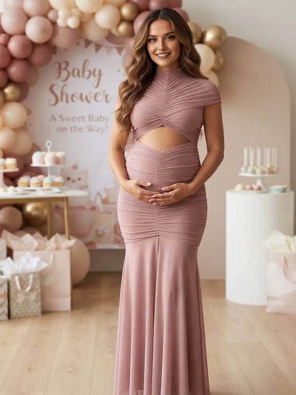 Momyknows Bean Paste Color Ruched Sheer Bare Midriff Maternity Baby Shower Maxi Dress - Bean Paste Color - 1