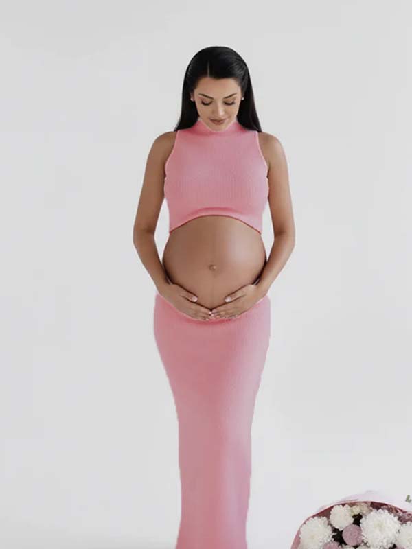 Momyknows Pink Knit Crop High Neck Bodycon Two Piece Set Maternity Sweater Maxi Dress
