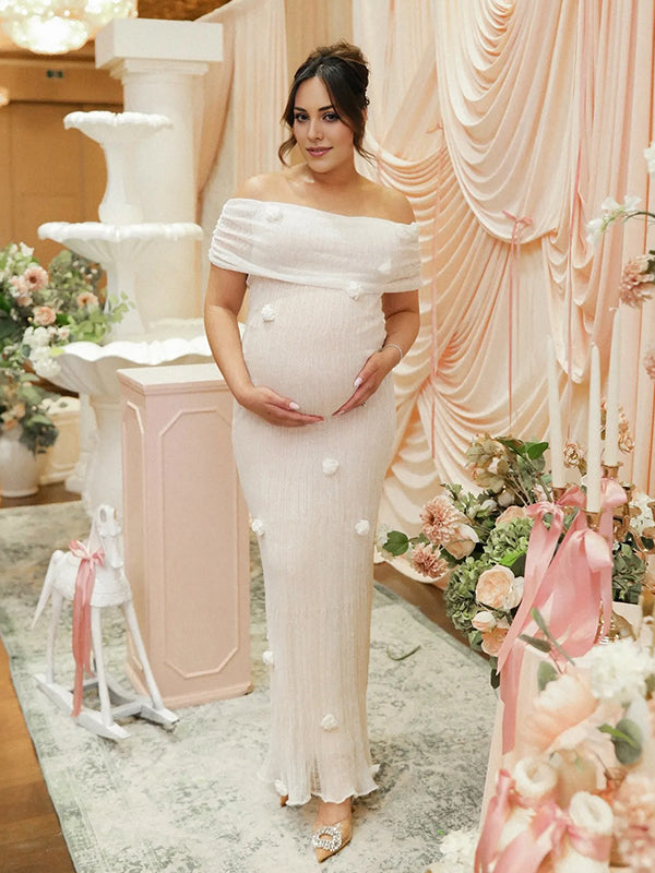 Momyknows White Off Shoulder 3D Flowers Grenadine Sheer Bodycon Elegant Beach Photoshoot Baby Shower Maternity Maxi Dress White / 3XL Momyknows White Off Shoulder 3D Flowers Grenadine Sheer Bodycon Elegant Beach Photoshoot Baby Shower Maternity Maxi Dress White / 3XL