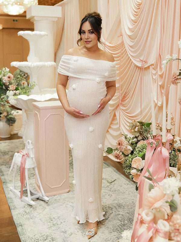 Momyknows White Off Shoulder 3D Flowers Grenadine Sheer Bodycon Elegant Beach Photoshoot Baby Shower Maternity Maxi Dress, White / 3XL