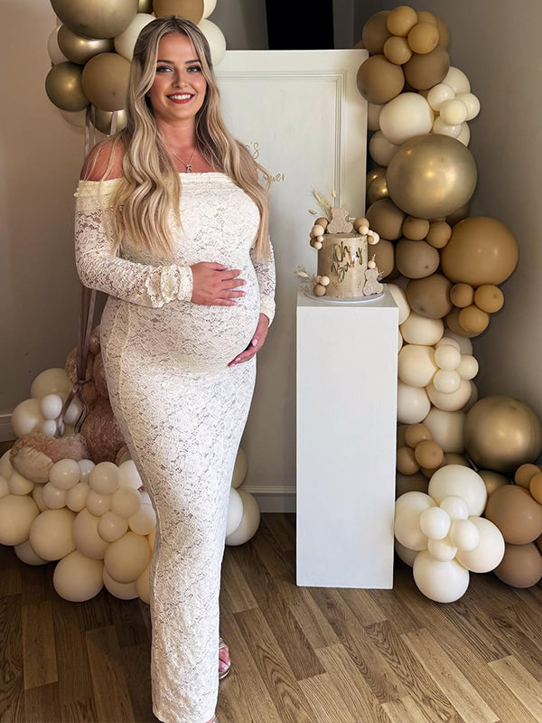 Momyknows White Lace Off Shoulder Side Slit Bodycon Elegant Wedding Gown Maternity Baby Shower Maxi Dress