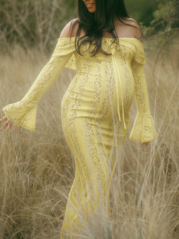 Momyknows Yellow Lace Off Shoulder Hollow Out Ruffle Mermaid Maternity Maxi Dress