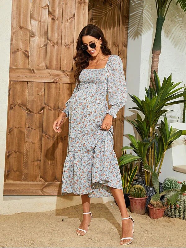 Momyknows Chiffon Floral Print Ruffle High Waist Boutique Holiday Sweet Maternity Maxi Dress, Blue / M