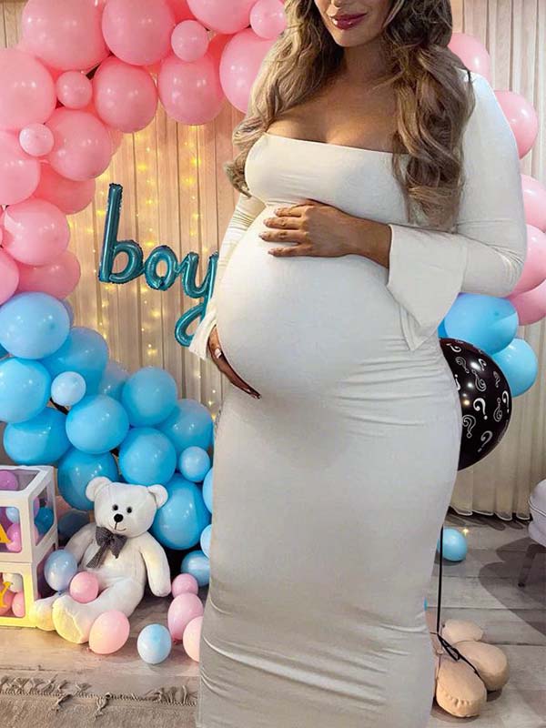 Momyknows Elegant Long Sleeve Maternity Dress Ultimate Gender Reveal Outfit White Bodycon Dress