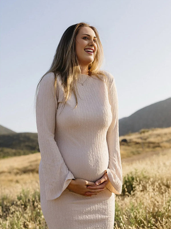 Momyknows Pleated Flare Sleeve Mermaid Baby Shower Maternity Maxi Dress