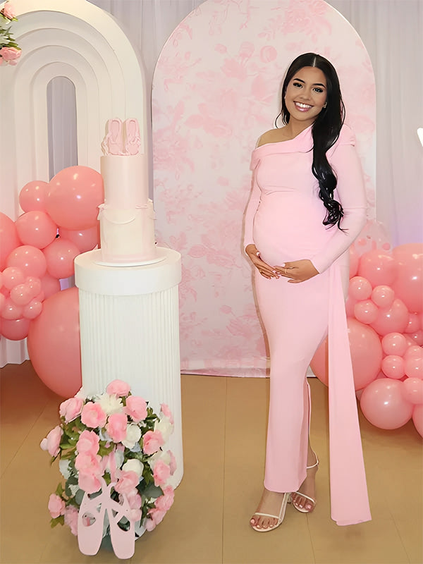 Momyknows Pink One Shoulder Ruched Draped Baby Girl Shower Maternity Maxi Dress