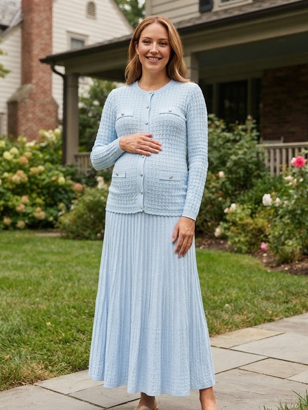 Blue Elegantd Crochet Maternity Maxi Dress with Button Detail and Elegant Fit, Photoshoot Occasion