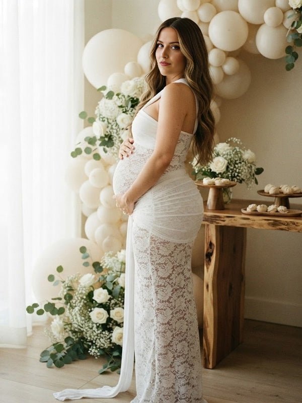 Momyknows White Oblique Shoulder Lace Ruched Sheer Lace Up Maternity Baby Shower Maxi Dress - White - 2