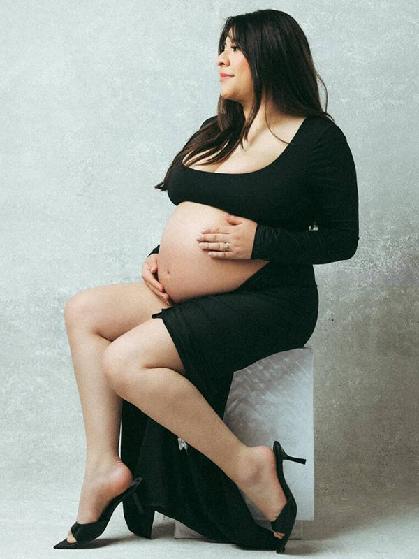 Momyknows Black Ruffle Cut Out Crop Side Slit Irregular Bodycon Photoshoot Maternity Maxi Dress