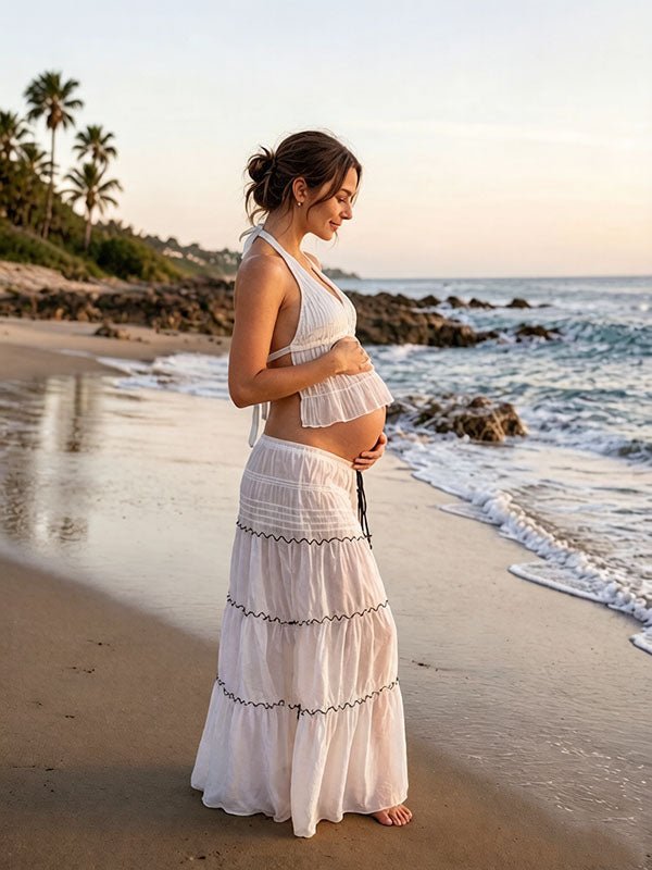 Momyknows Fashion Beige Halter Neck 3 Piece Set Backless Lace-Up Ruched Maternity Swimwear Maxi Dress - Beige - 4