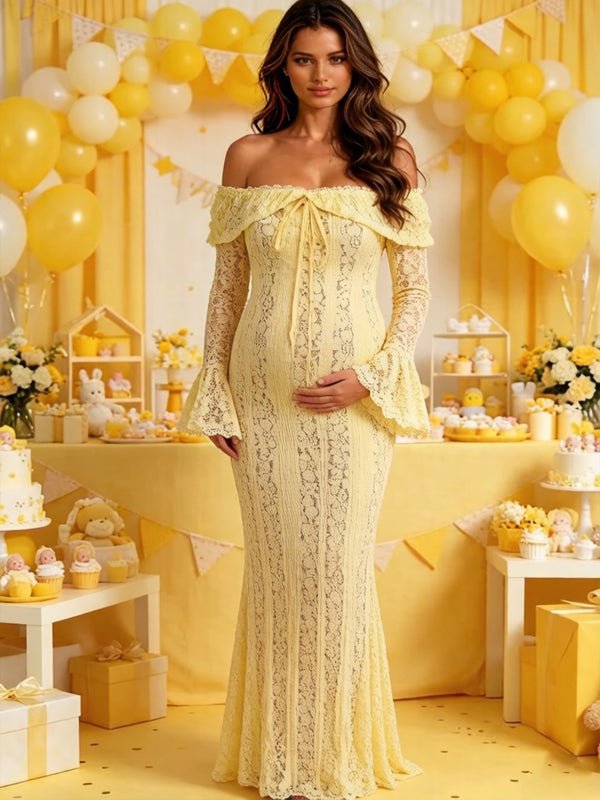 gold lace maternity dress Gold Floral Lace Long Sleeve Off Shoulder Maternity Maxi Dress