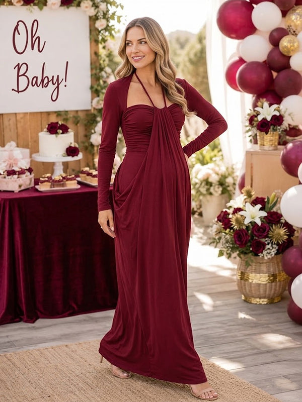 Red Halter Neck Maternity Maxi Dress with Lace-Up Bodycon Fit, Baby Shower