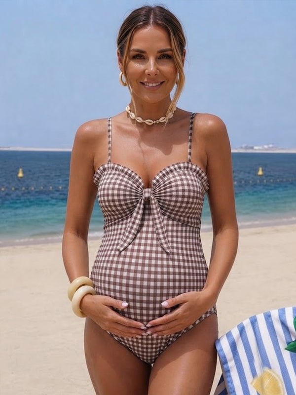 Momyknows Caramel One Piece Striped Lace-Up Open Back Maternity Photoshoot Swimwear - Caramel - 2