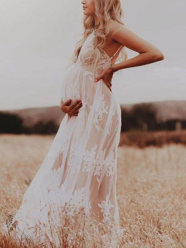 Momyknows White Lace Boho Maxi Maternity Photoshoot Dress Specially Designed for Outdoor and Beach Maternity Photography Gowns