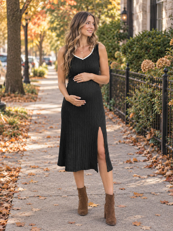 Black Two Piece Maternity Midi Dress with Crochet Texture and Button Front
