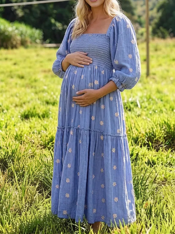 Momyknows Blue Flare Sleeve Square Neck Backless Maternity  Photoshoot Midi Dress