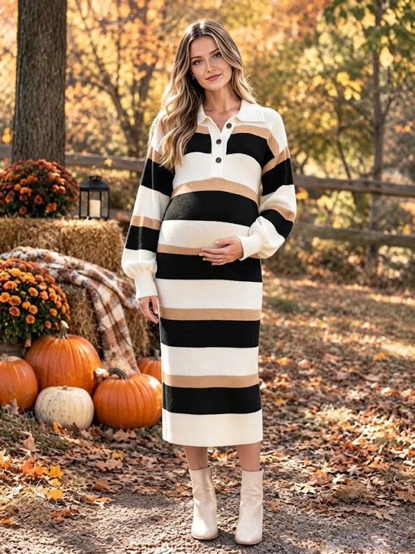 Black Striped Maternity Midi Dress with Hit Color Detail and Side Slit and Cozy Sweater Fit, Photoshoot Style