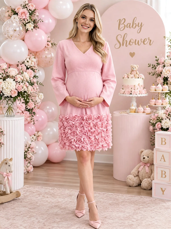 Pink 3D Flower Maternity Mini Dress with V-Neck and Cute Fit, Baby Shower
