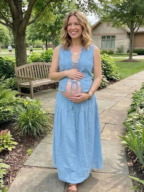 Momyknows Lace Up Openwork Lace Two Piece Maternity Photoshoot Maxi Dress