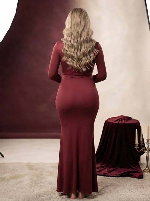 Momyknows Wine Red Midriff Ruffle Slit Mermaid Maternity Photoshoot Maxi Dress - Wine Red - 2