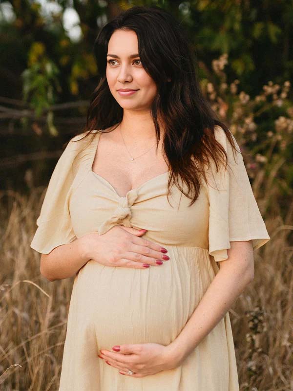 Momyknows Bow Flutter Sleeve Solid V-neck Flowy Vacation Beach Cute Baby Shower Photoshoot Maternity Maxi Dress - Apricot - 12