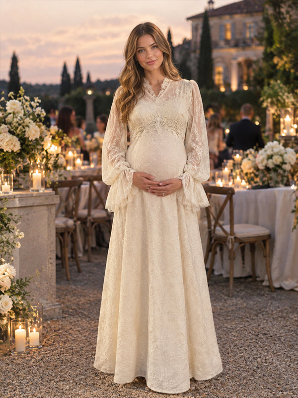 White Lace Maternity Maxi Dress with Flare Sleeves and Elegant Lace Up Design