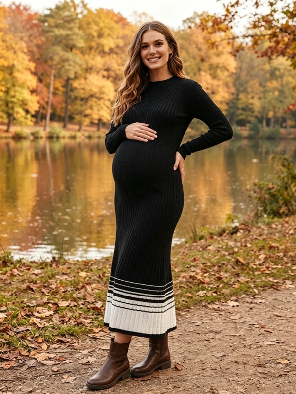 Black Crochet Maternity Maxi Dress with Striped Pattern and Pleated Details