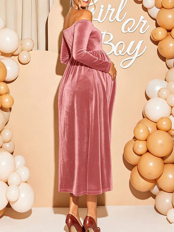 Pink Off Shoulder Baby Shower Maternity Midi Dress with Relaxed Big Swing Fit