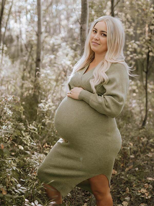 Momyknows Knit Solid Color Sashes V-Neck Double Split Backless Bodycon Photoshoot Maternity Sweater Midi Dress