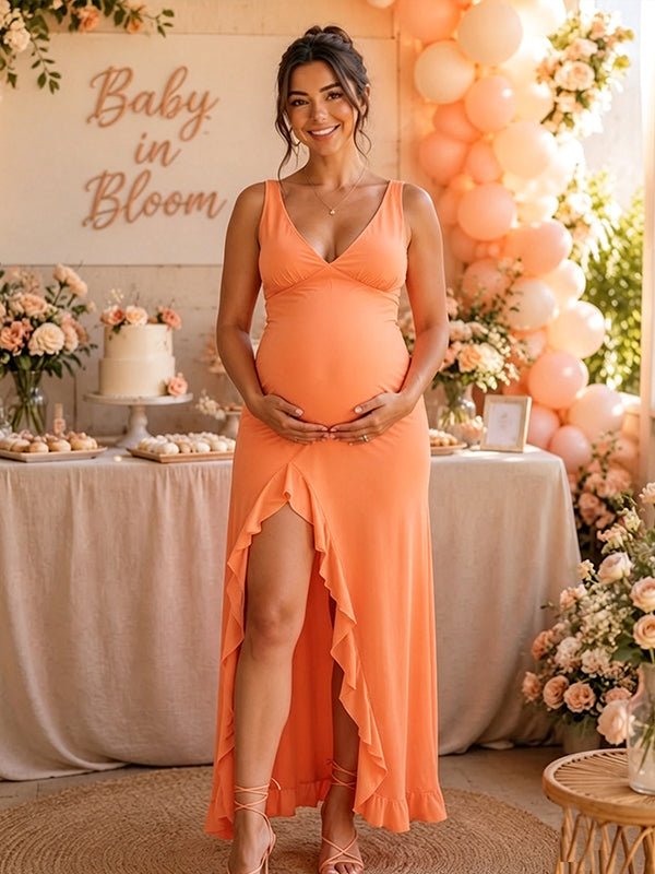 Momyknows Open Back Bodycon High Waist Deep V Side Slit Irregular Maternity Baby Shower Maxi Dress - Orange - 4