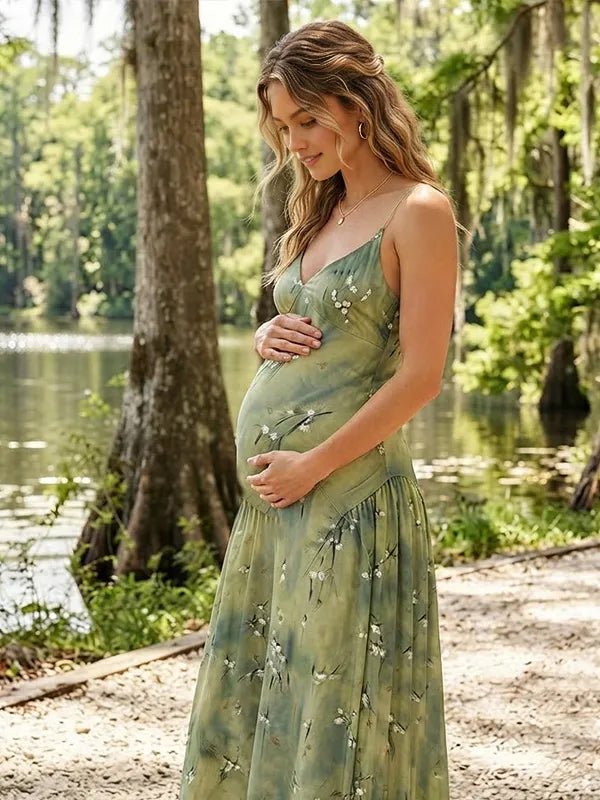 Momyknows Green A-Line Bodycon Print Spaghetti Straps Open Back Photoshoot Maternity Maxi Dress - Green - 2