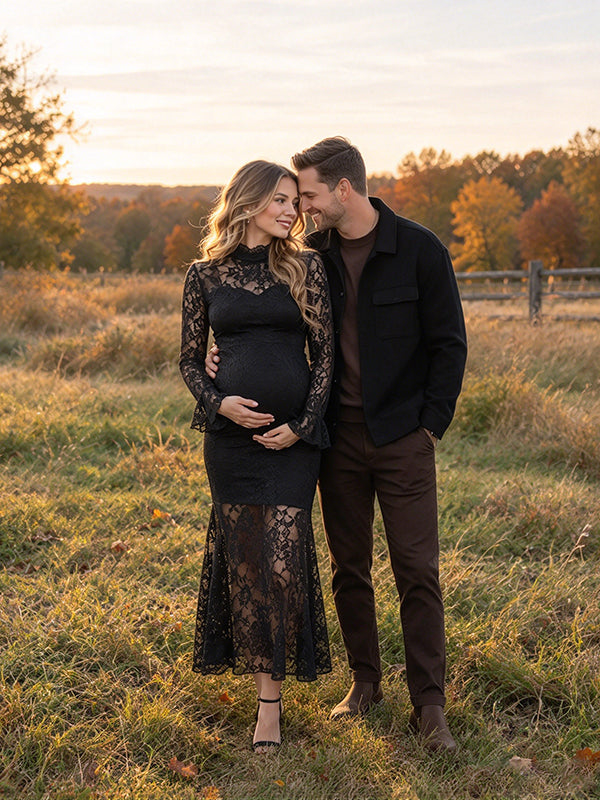 Black Maternity Maxi Dress with Lace Details and Elegant Trumpet Silhouette