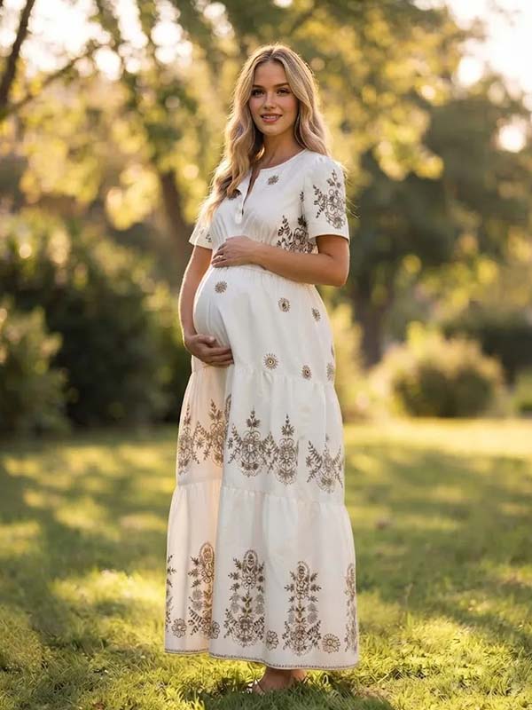 Momyknows White Ruffle Boho Tribal Print Maternity Photoshoot Maxi Dress - White - 1