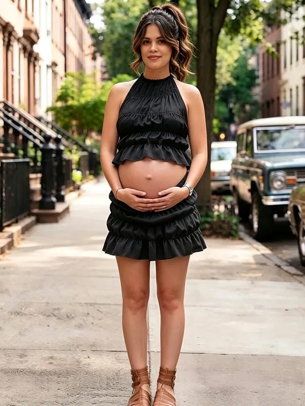 Momyknows 2-in-1 Open Back Halter Neck Ruched Lace-Up Maternity Photoshoot Suit - Black - 5