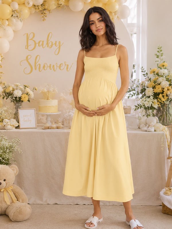 Momyknows Yellow Smocked Bodycon Spaghetti Strap Open Back Baby Shower Maxi Dress